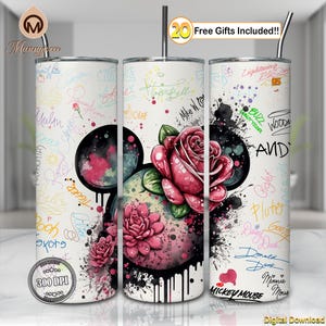 Watercolor Mouse Head Png, Flower Png, Cartoon Character Signature Png, 20oz Skinny Tumbler Sublimation Design Wrap Png, Digital File