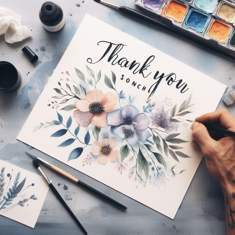 May include: A white rectangular card featuring a watercolor illustration of peach and blue flowers with green foliage. The text Thank you SONCH is written in black cursive and block lettering. A hand holds a black brush pen to the paper.