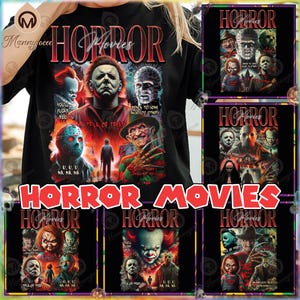 6 Designs Horror Movies PNG Bundle, Halloween Horror Clipart, Love Horror Movies, Scary Spooky Characters Png, Commercial Use, Digital File