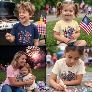 May include: A short-sleeved t-shirt featuring a graphic print of Lilo, Stitch, and other characters holding American flags with the text America 250. The shirt is available in navy blue or cream and displays a festive, patriotic design.