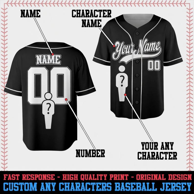 Puede incluir: Camiseta de b&eacute;isbol negra con detalles blancos, personalizable con texto y n&uacute;meros. La parte delantera muestra "Your Name" y "00", adem&aacute;s de un signo de interrogaci&oacute;n. La parte trasera muestra "NAME" y "00" con un signo de interrogaci&oacute;n. El texto inferior dice "CUSTOM ANY CHARACTERS BASEBALL JERSEY."
