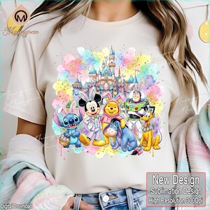 May include: Cream-colored t-shirt featuring a colorful graphic of Disney characters, including Mickey Mouse, Winnie the Pooh, and Stitch, dressed in Easter bunny attire. A castle is in the background. The text "New Design" is visible.
