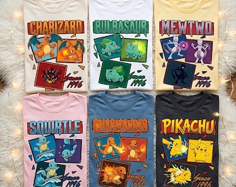 PKM Shirt Comfort Colors , Eevee Gengar Bulbasaur Squirtle Cute Anime Birthday Shirt, Gamer Gift Kids Adults, Y2k Shirt