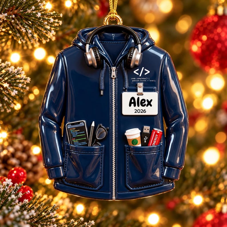 Puede incluir: Un adorno de sudadera con capucha azul marino con cremallera, auriculares negros, una tarjeta de identificaci&oacute;n blanca con el nombre Alex 2026 y c&oacute;digo. Los bolsillos contienen un smartphone, bol&iacute;grafo, gafas, caf&eacute;, USB y una lata roja.