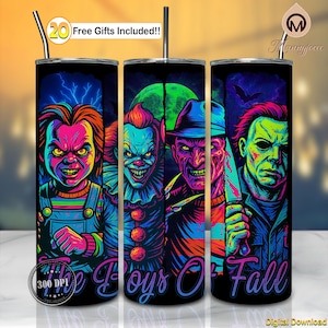 Horror Characters 20oz Skinny Tumbler Sublimation Design Wrap Png, Horror Tumbler Wrap, Horror Neon Color, The Boy Of Fall Png, Digital File
