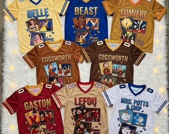 Camiseta de fútbol de La Bella y la Bestia con nombre personalizado, camiseta de cumpleaños de Bella y la Bestia, regalo para fiestas familiares de Disney, camiseta estilo Y2K