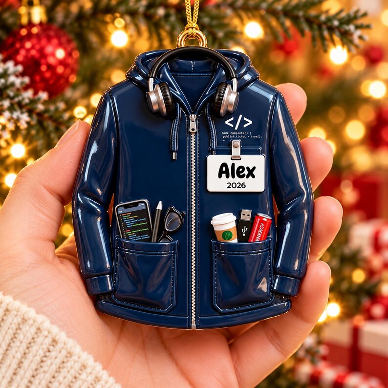 Puede incluir: Un adorno de sudadera con capucha azul oscuro con cremallera, auriculares, una etiqueta con el nombre Alex 2026 y s&iacute;mbolos de c&oacute;digo. Los bolsillos contienen un tel&eacute;fono inteligente, un bol&iacute;grafo, gafas, un caf&eacute;, un USB y una lata de bebida.