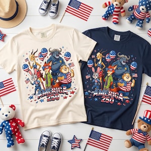 May include: Two short-sleeve t-shirts, one cream and one navy blue, each featuring a graphic print of cartoon animals including a rabbit, fox, cheetah, and buffalo, with American flag balloons and the text America 250 in red, white, and blue.