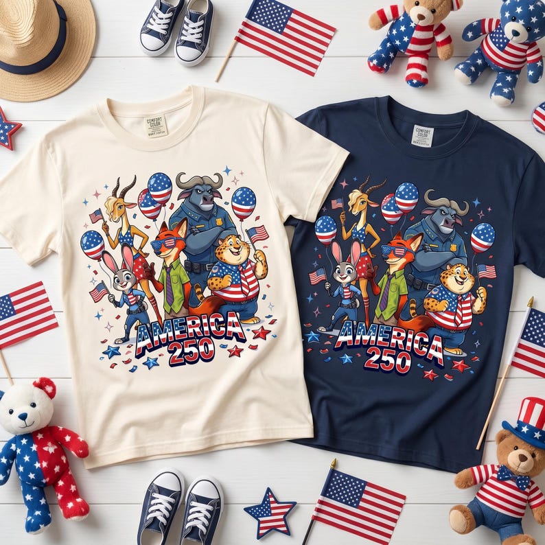 May include: Two short-sleeve t-shirts, one cream and one navy blue, each featuring a graphic print of cartoon animals including a rabbit, fox, cheetah, and buffalo, with American flag balloons and the text America 250 in red, white, and blue.