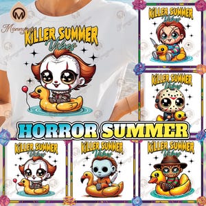 5 Designs Killer Summer Vibes Png Bundle, Horror Character Summer Vacation Shirt Design, Horror Clipart, Cute Horror Summer, Digital File