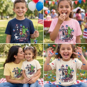 Puede incluir: Una camiseta con un estampado gr&aacute;fico de personajes de Pesadilla antes de Navidad, incluidos Jack Skellington, Sally y Oogie Boogie, con el texto America 250, rodeado de globos y estrellas patri&oacute;ticas en rojo, blanco y azul.