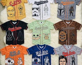 Nom personnalisé du maillot de baseball Star Wars, chemise Yoda bébé Darth Vader, chemise d'anniversaire mandalorienne, cadeau de fête assorti pour la famille enfant, maillot de l'an 2000