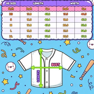 Puede incluir: Una camiseta de b&eacute;isbol corta blanca con ribetes negros, ilustrada con una tabla de tallas que muestra medidas en pulgadas y cent&iacute;metros. La tabla incluye tallas XS a XL, con medidas de largo y ancho. El texto "CROP TOP BASEBALL JERSEY" est&aacute; en la parte superior.