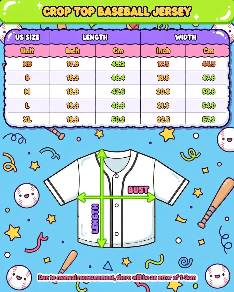 Puede incluir: Una camiseta de b&eacute;isbol corta blanca con ribetes negros, ilustrada con una tabla de tallas que muestra medidas en pulgadas y cent&iacute;metros. La tabla incluye tallas XS a XL, con medidas de largo y ancho. El texto "CROP TOP BASEBALL JERSEY" est&aacute; en la parte superior.