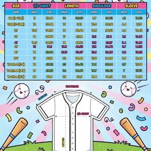 Puede incluir: Una camiseta de b&eacute;isbol blanca con ribetes negros, que presenta una tabla de tallas para ni&ntilde;os y j&oacute;venes. La tabla incluye medidas en pulgadas y cent&iacute;metros para el pecho, la longitud, el hombro y la manga, de 6 meses a Youth Large.