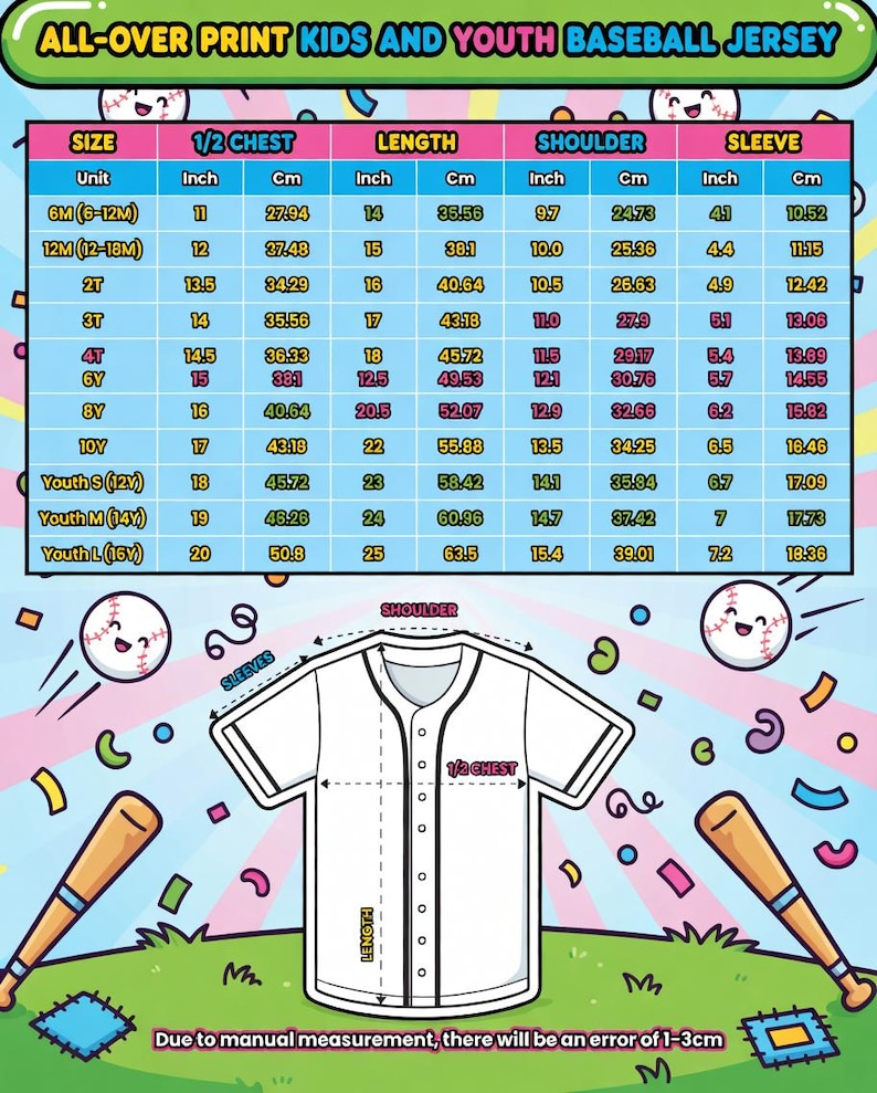 Puede incluir: Una camiseta de b&eacute;isbol blanca con ribetes negros, que presenta una tabla de tallas para ni&ntilde;os y j&oacute;venes. La tabla incluye medidas en pulgadas y cent&iacute;metros para el pecho, la longitud, el hombro y la manga, de 6 meses a Youth Large.