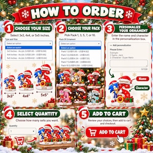 Puede incluir: Un gr&aacute;fico instructivo titulado HOW TO ORDER para adornos acr&iacute;licos personalizados. Incluye cinco pasos numerados, men&uacute;s desplegables para seleccionar tama&ntilde;os de 3x3, 4x4 o 5x5 pulgadas, cantidades de paquetes y un cuadro para personalizar nombres.