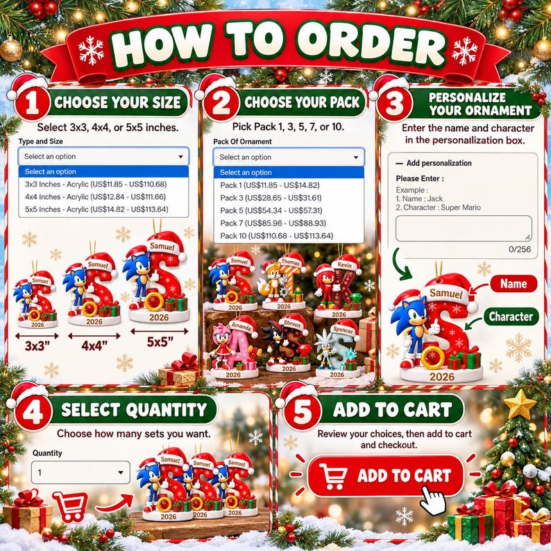 Puede incluir: Un gr&aacute;fico instructivo titulado HOW TO ORDER para adornos acr&iacute;licos personalizados. Incluye cinco pasos numerados, men&uacute;s desplegables para seleccionar tama&ntilde;os de 3x3, 4x4 o 5x5 pulgadas, cantidades de paquetes y un cuadro para personalizar nombres.
