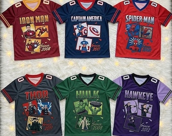 Nom personnalisé du maillot de football Marvel Avengers, Iron Man Spider Man Captain America anniversaire chemise famille tenue assortie cadeau, maillot de l'an 2000