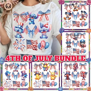 Pacchetto PNG con 6 design per il 4 luglio, Coquette 4 luglio, Design per il 4 luglio, Bandiera americana in formato PNG, Personaggi dei cartoni animati, Patriottico, File digitale