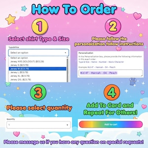 Puede incluir: Gr&aacute;fico colorido con instrucciones sobre c&oacute;mo pedir una camiseta personalizada. Los pasos incluyen seleccionar el tipo y tama&ntilde;o de la camiseta, seguir las instrucciones de personalizaci&oacute;n, seleccionar la cantidad y agregar al carrito.