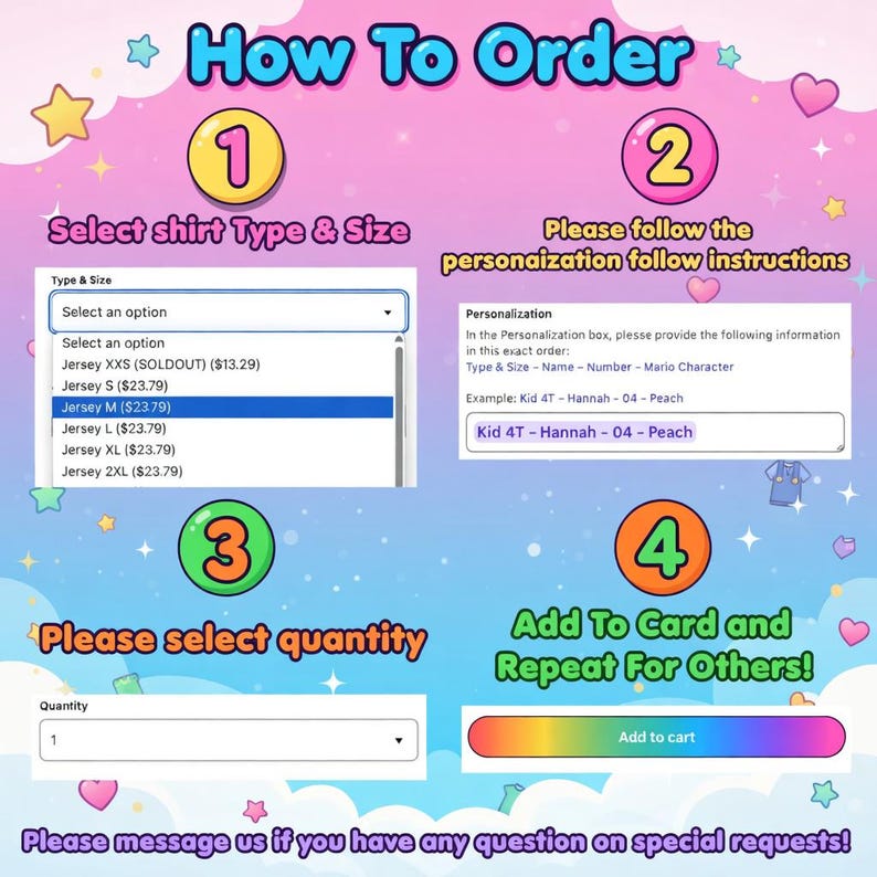 Puede incluir: Gr&aacute;fico colorido con instrucciones sobre c&oacute;mo pedir una camiseta personalizada. Los pasos incluyen seleccionar el tipo y tama&ntilde;o de la camiseta, seguir las instrucciones de personalizaci&oacute;n, seleccionar la cantidad y agregar al carrito.