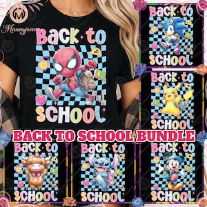 8 Designs Back To School PNG Bundle, Cute Cartoon Characters, From Kindergarten To 4th Grade, Checkered Design, School Png, Digital File