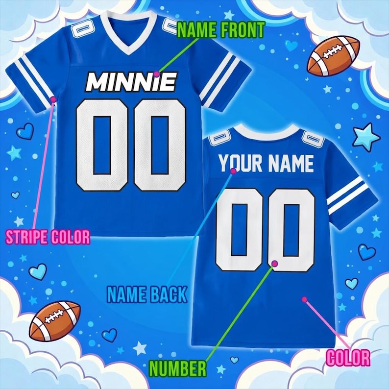 Pode incluir: Uma camisola de futebol azul com riscas brancas e o nome "MINNIE" acima do n&uacute;mero "00" na frente. A parte de tr&aacute;s da camisola mostra o n&uacute;mero "00" e o texto "YOUR NAME".