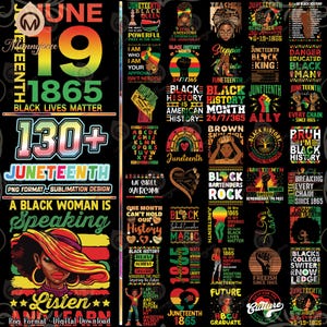 Könnte beinhalten: Ein farbenfrohes digitales Design mit dem Text "Juneteenth 1865" und "Black Lives Matter" in fetten, schwarzen Buchstaben. Das Design enthält auch eine Vielzahl anderer Texte, darunter "130+", "Juneteenth", "A Black Woman is Speaking", "Listen and Learn" und "Juneteenth 1865". Das Design ist auf einem schwarzen Hintergrund und zeigt eine Vielzahl von Farben, darunter Rot, Gelb, Grün und Blau.