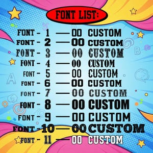 Pode incluir: Um gr&aacute;fico colorido com um cabe&ccedil;alho "FONT LIST" em um oval vermelho. A lista exibe onze estilos de fonte, cada um com um n&uacute;mero e o texto "00 CUSTOM" em v&aacute;rias fontes. O fundo &eacute; uma mistura de azul, amarelo e rosa com estrelas e redemoinhos.