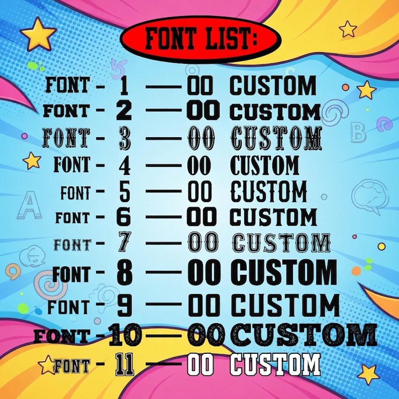 Pode incluir: Um gr&aacute;fico colorido com um cabe&ccedil;alho "FONT LIST" em um oval vermelho. A lista exibe onze estilos de fonte, cada um com um n&uacute;mero e o texto "00 CUSTOM" em v&aacute;rias fontes. O fundo &eacute; uma mistura de azul, amarelo e rosa com estrelas e redemoinhos.