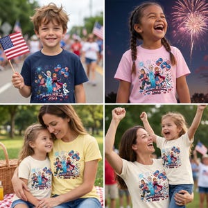 K&ouml;nnte beinhalten: Eine Kollektion von T-Shirts mit einem Grafikdruck von animierten Figuren, Feuerwerk, Luftballons und dem Text "AMERICA 250". Die T-Shirts sind in verschiedenen Farben erh&auml;ltlich, darunter Marineblau, Hellrosa, Blassgelb und Creme.