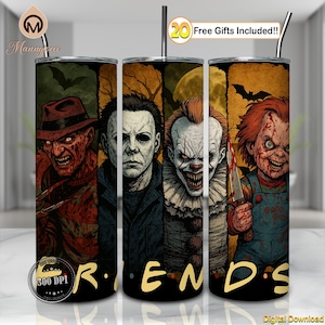 Horror Friends 20oz Skinny Tumbler Sublimation Design Wrap Png, Horror Tumbler Wrap, Horror Halloween Clipart, Retro Horror Png,Digital File