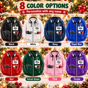 Puede incluir: Ocho adornos de sudadera con capucha personalizados en negro, blanco, marino, azul real, rojo, verde bosque, rosa y morado. Cada uno incluye auriculares, una etiqueta con el nombre Alex 2026, un s&iacute;mbolo de c&oacute;digo y bolsillos con tel&eacute;fono, bol&iacute;grafo y caf&eacute;.