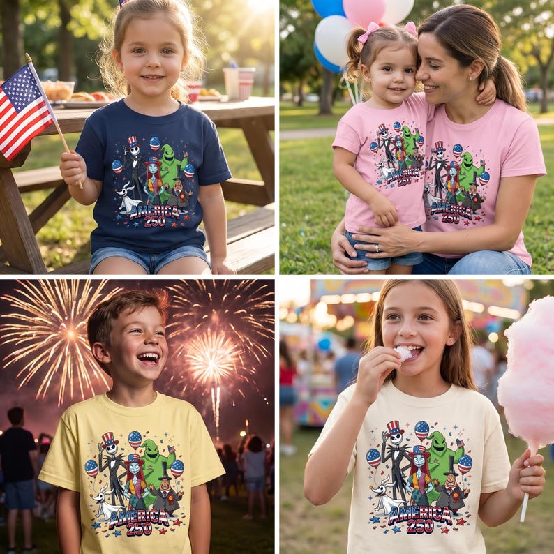 Puede incluir: Una colecci&oacute;n de camisetas de manga corta en azul marino, rosa claro, amarillo y crema, cada una con un estampado gr&aacute;fico de personajes de Pesadilla antes de Navidad con accesorios de la bandera estadounidense y el texto America 250.