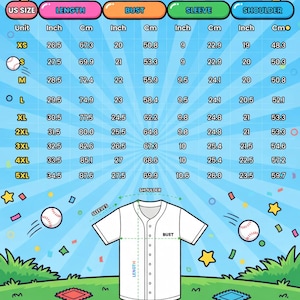 Puede incluir: Una camiseta de b&eacute;isbol blanca con botones, mostrada con una tabla de tallas que detalla las medidas en cent&iacute;metros. La tabla incluye tallas XS a 5XL, con una longitud que va de 67,3 a 87,6 cm. El texto "AOP SIMPLE BASEBALL JERSEY WITHOUT PIPING" est&aacute; en la parte superior.