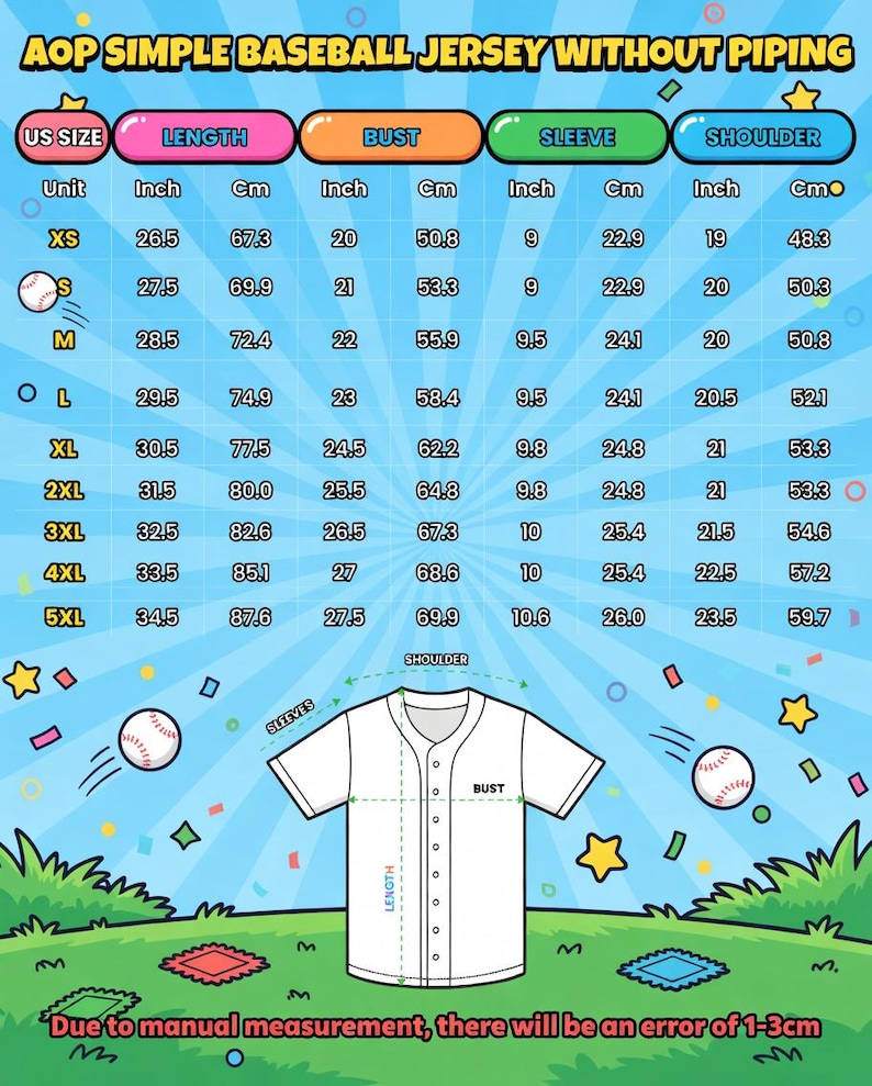 Puede incluir: Una camiseta de b&eacute;isbol blanca con botones, mostrada con una tabla de tallas que detalla las medidas en cent&iacute;metros. La tabla incluye tallas XS a 5XL, con una longitud que va de 67,3 a 87,6 cm. El texto "AOP SIMPLE BASEBALL JERSEY WITHOUT PIPING" est&aacute; en la parte superior.