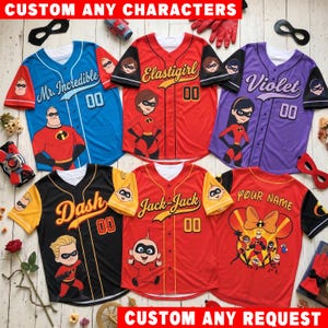 May include: Six baseball jerseys featuring The Incredibles characters. The blue jersey says Mr. Incredible, red says Elastigirl, purple says Violet, black says Dash, red says Jack-Jack, and the last red jersey says Your Name with a character graphic.