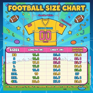 Pode incluir: Tabela de tamanhos de futebol com uma ilustra&ccedil;&atilde;o de camisa amarela. A tabela inclui medidas de comprimento, peito e largura dos ombros em cm para os tamanhos XS a 4XL. O texto "FOOTBALL SIZE CHART" est&aacute; no topo.