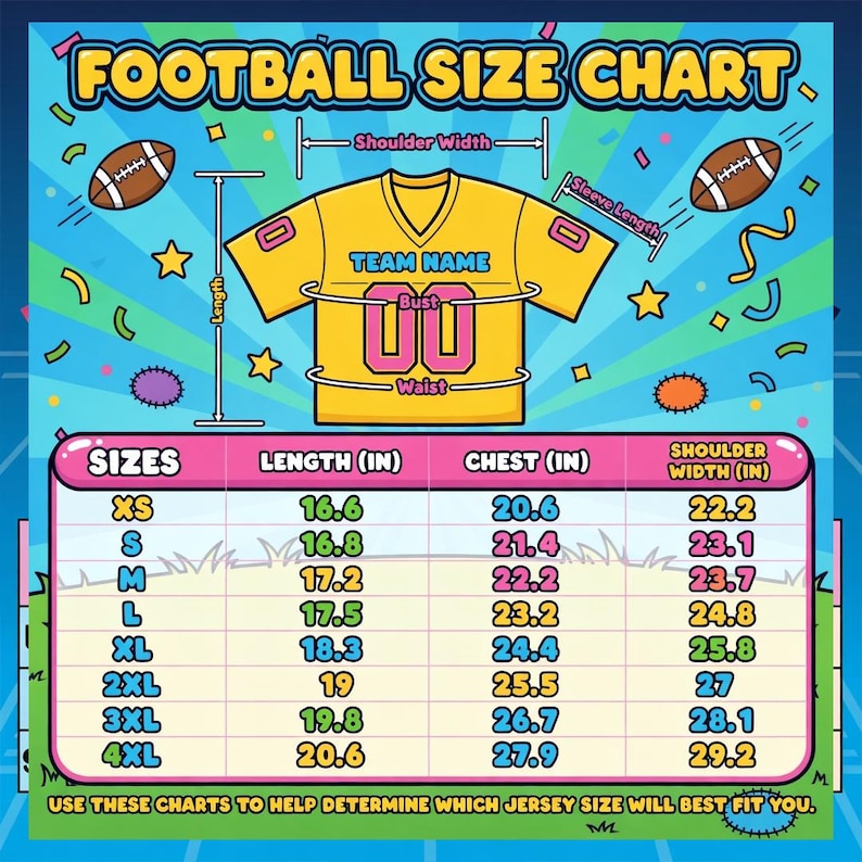 Pode incluir: Tabela de tamanhos de futebol com uma ilustra&ccedil;&atilde;o de camisa amarela. A tabela inclui medidas de comprimento, peito e largura dos ombros em cm para os tamanhos XS a 4XL. O texto "FOOTBALL SIZE CHART" est&aacute; no topo.