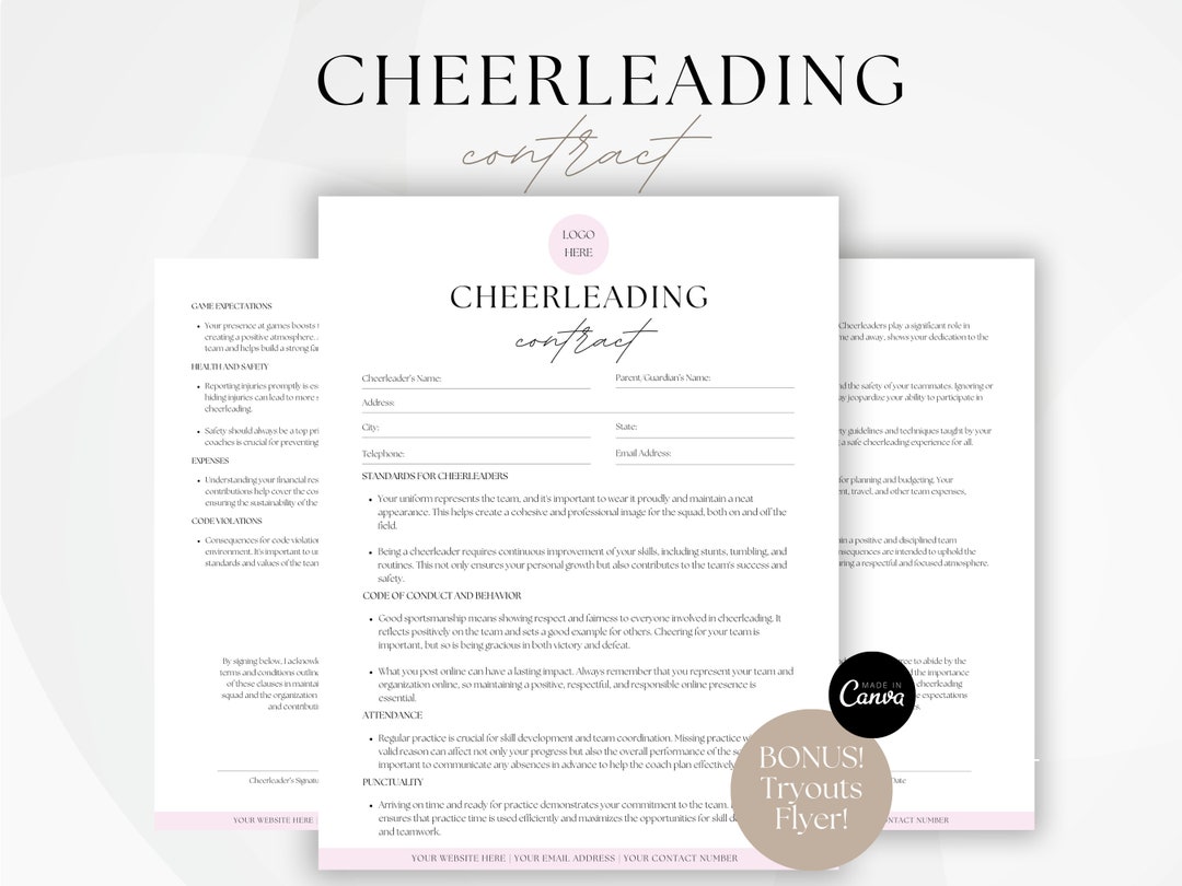 Cheerleading Contract Template, Cheerleading Tryouts Flyer, Coaching