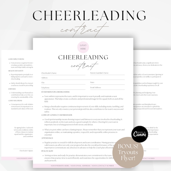 Cheerleading Contract Template, Cheerleading Tryouts Flyer, Coaching Forms, Athlete Paperwork, Editable Canva Template