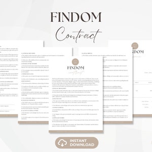 May include: A stack of contract documents with the text "FINDOM Contract" in a stylish font. The documents are in shades of white and beige, with text and circular logo elements. The bottom of the image reads "INSTANT DOWNLOAD".