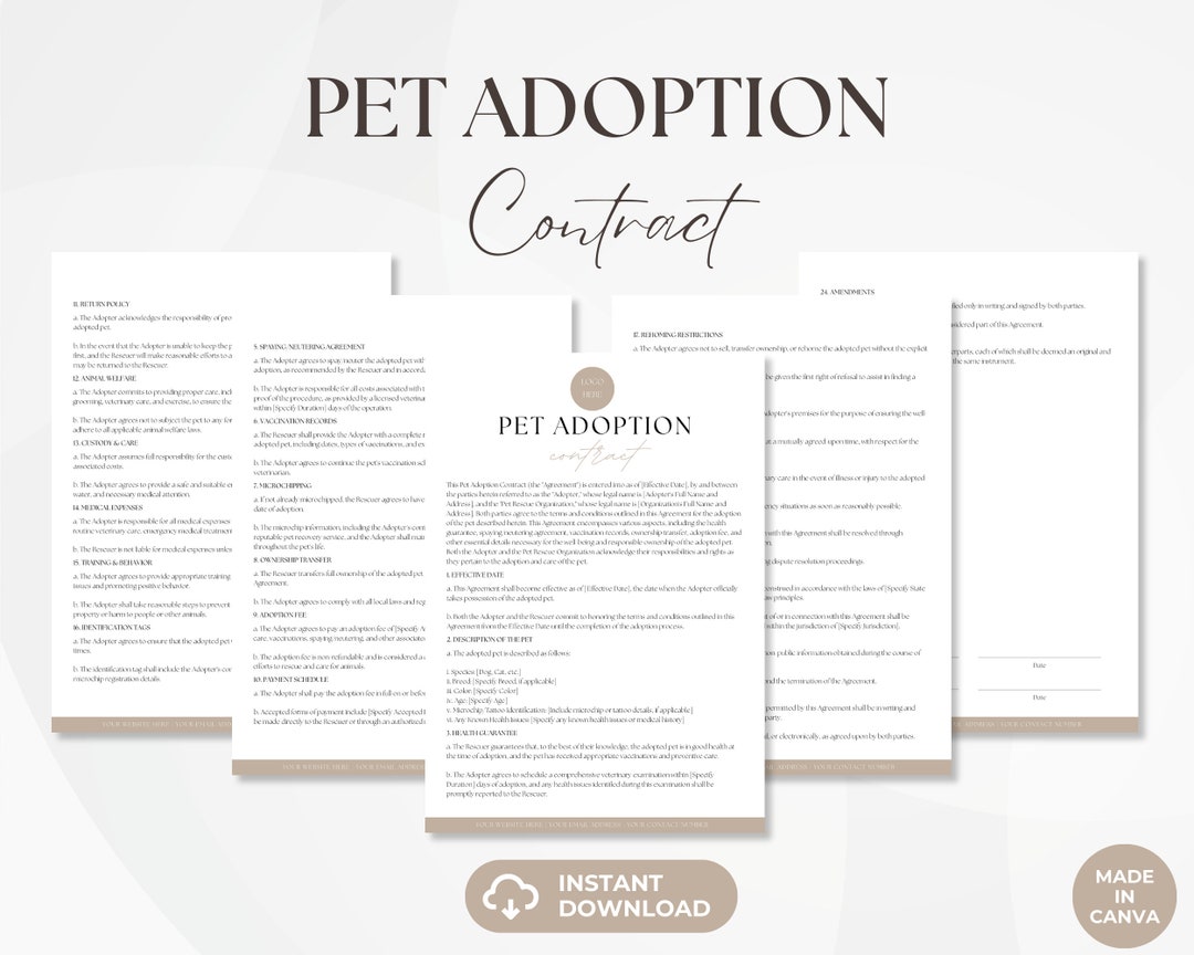 Pet Adoption Contract, Puppy Adoption Services Agreement, Animal Rescue Pet Adoption Contract, Puppy Adoption Services Agreement, Animal Rescue