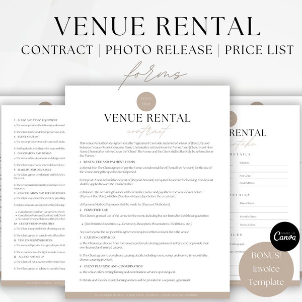 Venue Rental Contract, Wedding Venue Contract, Event Center Agreement, Event Planning Form