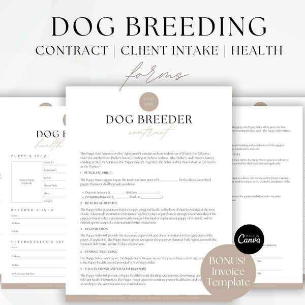 Dog Breeder Contract, Breeder Forms, Dog Breeding Agreement, Puppy Sale Contract, Puppy Health Certificate, Client Intake Form