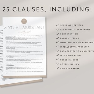 May include: A Virtual Assistant contract with the text "Virtual Assistant Contract" and a list of 25 clauses, including Scope of Services, Duration of Agreement, and Payment Terms. The contract is printed on a beige paper.