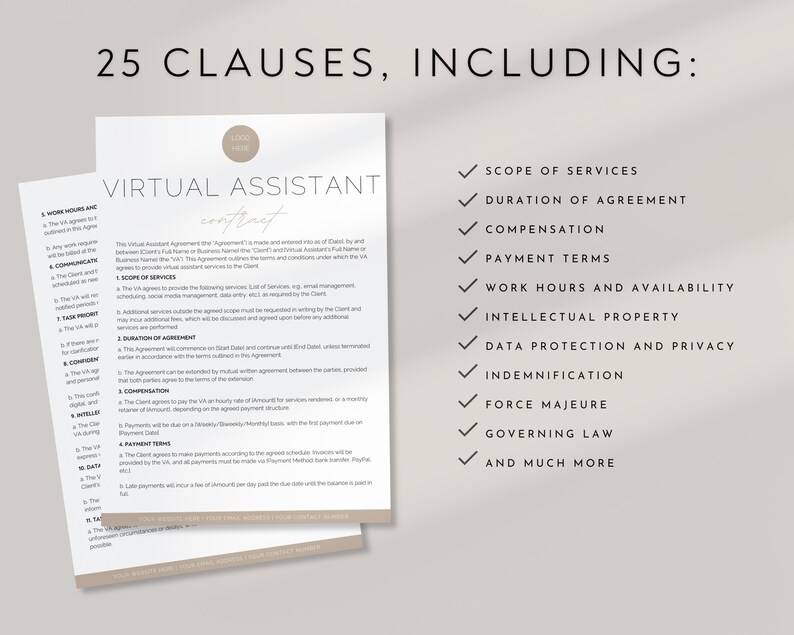 May include: A Virtual Assistant contract with the text "Virtual Assistant Contract" and a list of 25 clauses, including Scope of Services, Duration of Agreement, and Payment Terms. The contract is printed on a beige paper.