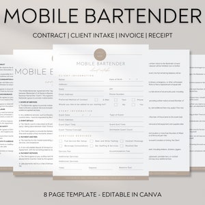 Modèle de contrat de bar mobile, Contrat de barman modifiable Canva, Contrat de service de bar mobile, Contrat de services de barman