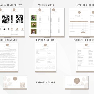 May include: A set of printable forms for dog breeders, including social media and scan to pay, pricing lists, invoice and receipt, media release, deposit receipt, whelping checklist, and business cards. The forms are in a minimalist style with a brown and white color scheme.